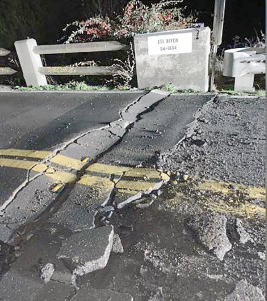 The Fernbridge carrying State Route 211 in Humboldt County was closed after the quake Tuesday for safety inspections, the California Department of Transportation said. — courtesy Caltrans