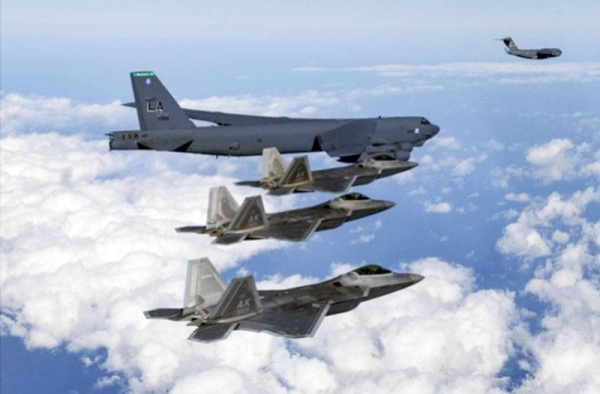 US B-52H, F-22 stealth fighter and C-17 are in a drill in Korea's air defense identification zone on Tuesday.