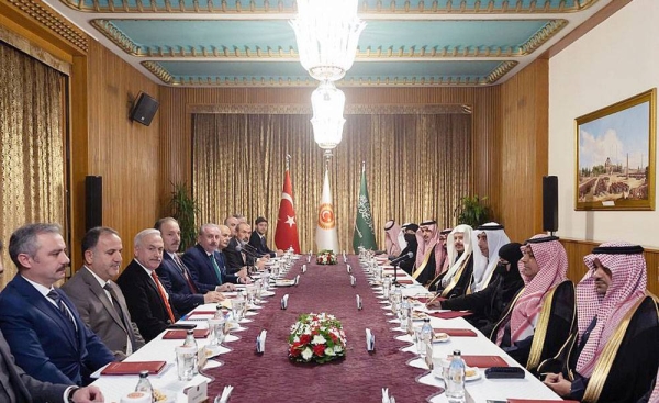 Speaker of the Shoura Council Sheikh Dr. Abdullah Bin Mohammed Bin Ibrahim Al-Sheikh meets with Speaker of Turkish Grand National Assembly Dr. Mustafa Sentop at the headquarters of the parliament in Ankara on Tuesday.