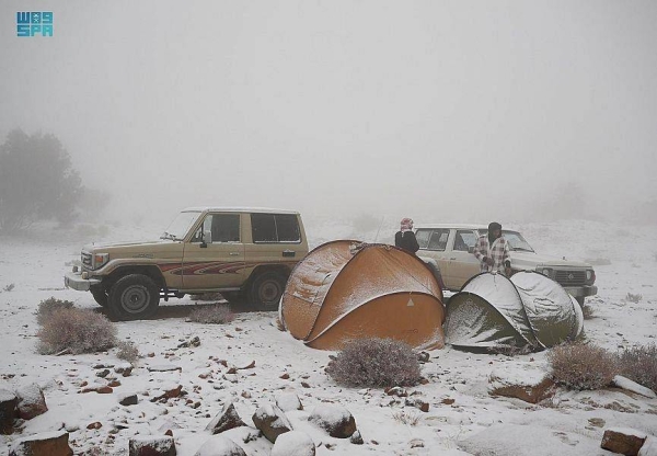 Tabuk's Jabal Al-Lawz has been covered in white for the third time this season as the region witnessed a fall in temperatures, which resulted in snowfall.