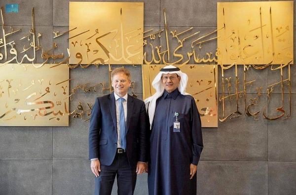 Minister of Energy Prince Abdulaziz bin Salman receives UK's  Secretary of State for Business, Energy, and Industrial Strategy  Grant Shapps in Riyadh on Thursday.