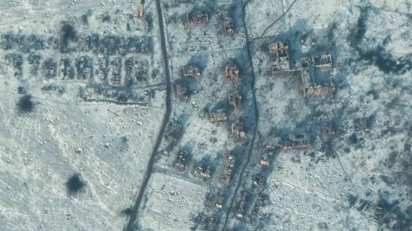 A satellite view shows a destroyed school and buildings in south Soledar, Ukraine, January 10, 2023.