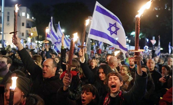 Thousands of Israelis hold legal reforms protest in Tel Aviv.