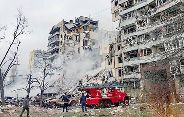 The residential building hit by a missile on Sunday in Dnipro, Ukraine.