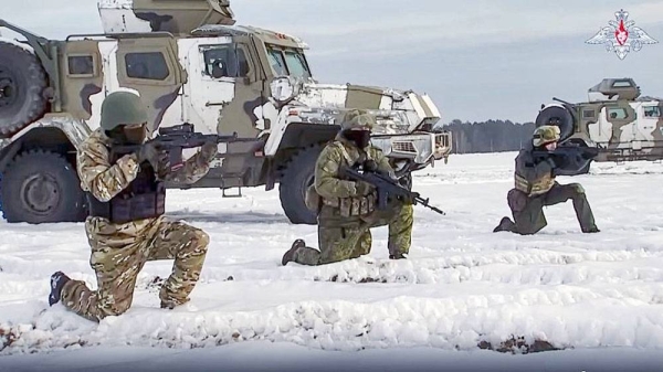 In a still from a video released by Russian Defense Ministry Press Service on Dec. 28, 2022, Russian troops take part in drills at an unspecified location in Belarus. — courtesy Russian Defense Ministry Press Service