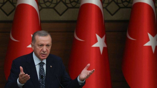 President Recep Tayyib Erdogan delivers a speech at the presidential complex in Ankara, Turkey, on January 11