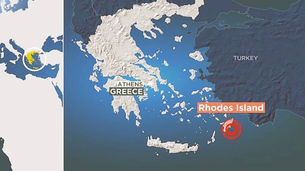 Map of Greece showing undersea earthquake near Rhodes. — courtesy Euronews Graphistes
