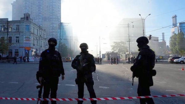 Police block a square after a drone fired on buildings in Kyiv, Ukraine, Monday, Oct. 17, 2022. — courtesy AP