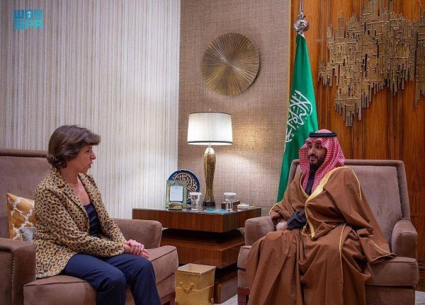 Crown Prince Mohammed bin Salman receives in Riyadh on Thursday French Foreign Minister Catherine Colonna.