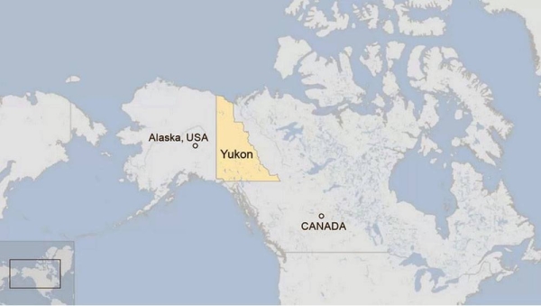 Map of Yukon in Canada next to Alaska, USA