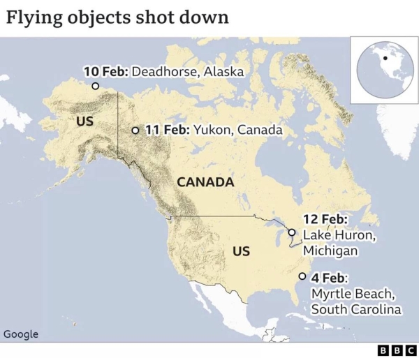 Map showing objects shot down over North American airspace.