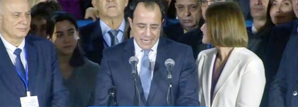 Nikos Christodoulides delivers his inaugural speech in Nicosia, Sunday.