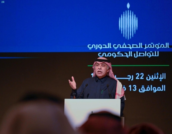 Minister of Commerce Majed Al-Qasabi addressing the periodic government communication press conference here on Monday.