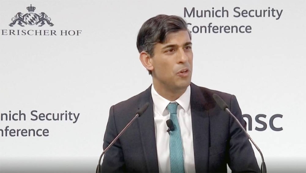 British Premier Rishi Sunak on stage in Munich