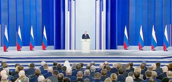 Russian President Vladimir Putin speaks at the annual state of the nation address in Moscow on Tuesday.