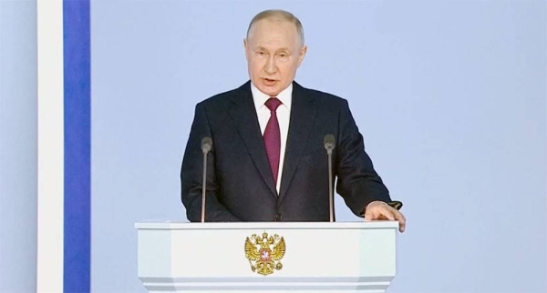 Russian President Vladimir Putin speaks at the annual state of the nation address in Moscow on Tuesday.