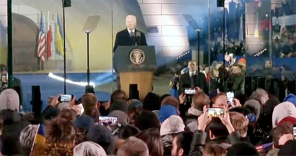 President Joe Biden holds a speech at the Royal Castle after meeting with Polish President Andrzej Duda in Warsaw, Poland, Tuesday.