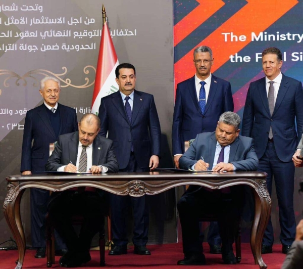 Crescent Petroleum signs three 20-year agreements with Iraq's Ministry of Oil.  Pictured alongside Iraqi Prime Minister Mohammed Shia Al-Sudani is Deputy Prime Minister for Energy Affairs and Minister of Oil Hayan Abdul Ghani, Crescent Group Chairman Hamid Jafar, and Crescent Petroleum CEO Majid Jafar.  The agreements were signed by Abdulla Al Qadi, Crescent Petroleum Executive Director of Exploration and Production, along with Midland Oil Company Director-General Qadouri Abed Salim.