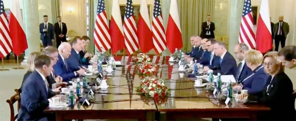 US President Joe Biden holds a meeting with Polish President Andrzej Duda in Warsaw, Poland, Tuesday.