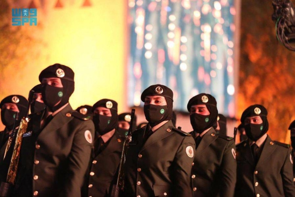 Security women under the Ministry of Interior take part in a musical show to mark Saudi Arabia’s Founding Day celebrations.