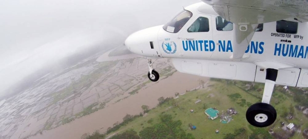 A UN Humanitarian Air Service (UNHAS) plane flies over cyclone-battered Nosy Varika, in Madagascar. — courtesy WFP