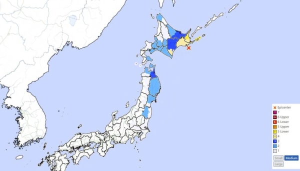 An earthquake struck off Hokkaido in northern Japan on Saturday. — courtesy Japan Meteorological Agency