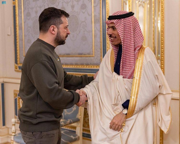 Ukrainian President Volodymyr Zelensky receiving Saudi Foreign Minister Prince Faisal Bin Farhan in Kyiv on Sunday.