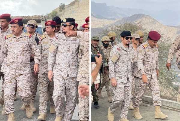 Yemeni Defense Minister Maj. Gen. Mohsen Al-Daari and senior Coalition official Maj. Gen. Sultan Al-Baqami visit Thurah front in Yemen’s Abyan governorate.  