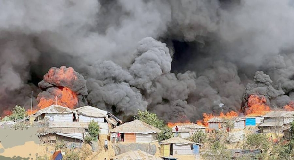 Video shows fire engulfing part of the camp, destroying shelters made from bamboo and tarpaulin
