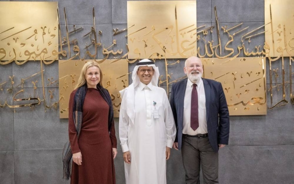 Minister of Energy Prince Abdulaziz bin Salman meets European Commission Vice President Frans Timmermans and European Commissioner for Energy Cadre Simson at his office in Riyadh on Monday.

