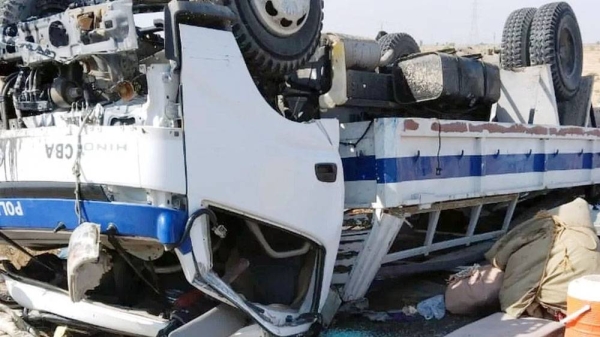 A handout photo of a police truck overturned in Dhadar, Pakistan. Reports say the attacker rammed a motorbike into the truck