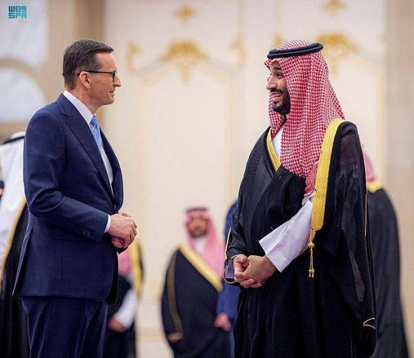 Crown Prince Mohammed bin Salman receives Mateusz Morawiecki, Prime Minister of Poland, at Al-Yamamah Palace in Riyadh on Tuesday.
