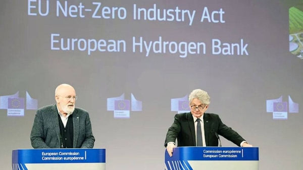 European Commissioners Frans Timmermans and Thierry Breton unveiled the “Net-Zero Industrial Act.” — courtesy EU