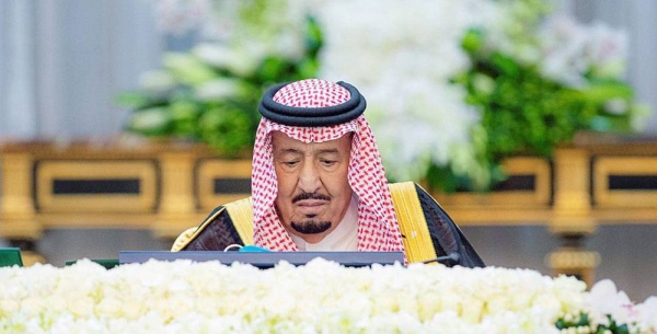 Custodian of the Two Holy Mosques King Salman chairs the Cabinet's session at Irqah Palace in Riyadh on Tuesday.