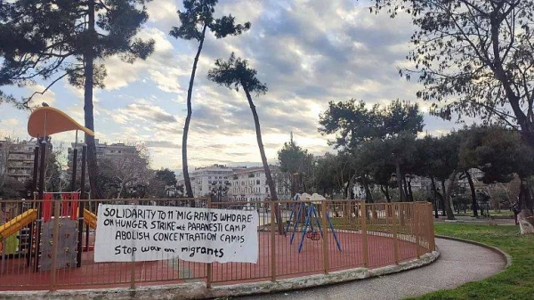 A banner in support of hunger strikers in Greece