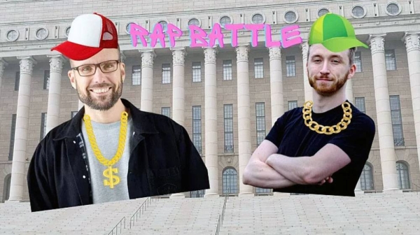 Composite image showing Juhan Kvarnström, Social Democratic Party (L) and Coel Thomas, Green League (R) in front of Finnish Parliament building, Helsinki. — courtesy Euronews