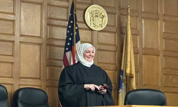 Nadia Kahf holds her gavel after being appointed as a judge, in Passaic County Superior Court, New Jersey. (Twitter Photo)