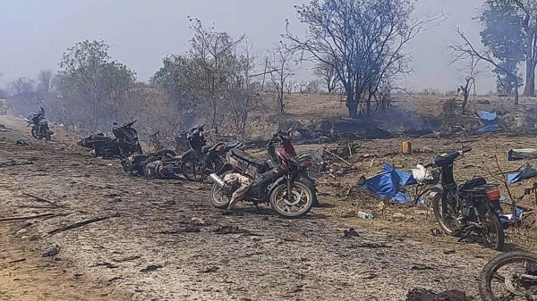 This photo provided by the Kyunhla Activists Group shows the aftermath of an airstrike in Pazigyi village in Sagaing region's Kanbalu township, Myanmar, on April 11