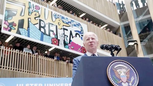 US President Joe Biden speaks at Ulster University in Belfast, Northern Ireland.