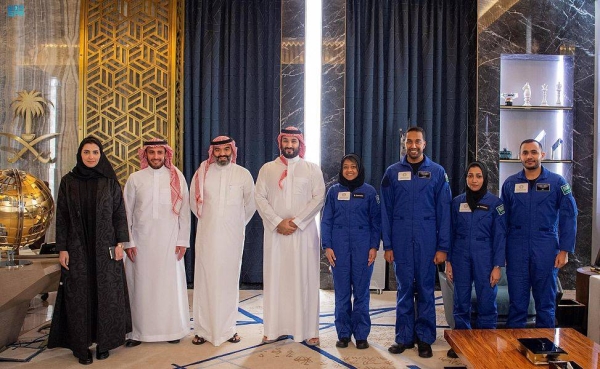 Crown Prince, Prime Minister and Chairman of the Supreme Space Council Mohammed bin Salman received the Saudi astronauts Rayyanah Barnawi, Ali Al-Qarni, Mariam Fardous and Ali Al-Ghamdi, prior to the launch of Saudi Arabia’s scientific mission to the International Space Station with the first Arab and Muslim female astronaut on board.