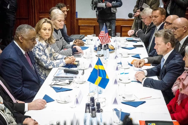 US Secretary of Defense Lloyd J. Austin III, and Sweden’s Minister for Defense Pål Jonson, hold a meeting in Stockholm, Sweden on Wednesday.