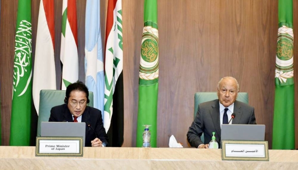 The Arab League Secretary General Ahmad Aboul Gheit, right, with Japanese Prime Minister Fumio Kishida at the Arab League headquarters in Cairo on Sunday.