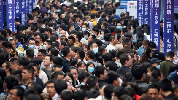 A crowded job fair in the southwestern Chinese city of Chongqing on April 11, 2023