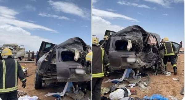 Scene of the tragic car accident at the road linking Taif Governorate with Al-Baha regions that led to the death of six siblings.