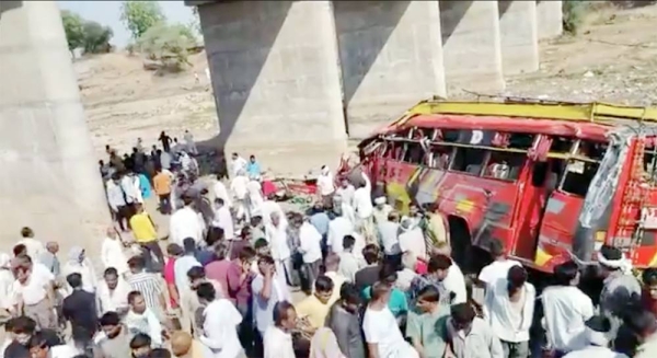 The scene of the accident of a passenger bus falling off a bridge in Khargone district of Madhya Pradesh on Tuesday. — courtesy Twitter