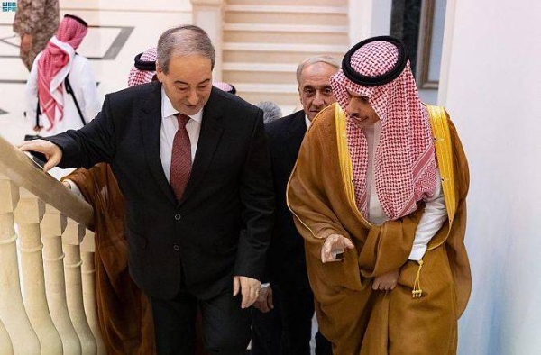 Saudi Foreign Minister Prince Faisal bin Farhan received Syrian Minister of Foreign Affairs and Expatriates Dr. Faisal Mekdad in Jeddah on April 12, 2023. (SPA)