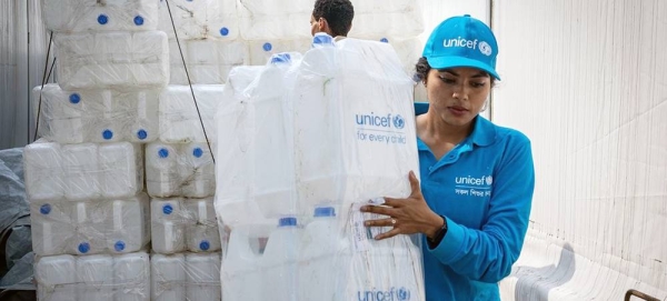 Staff prepare jerry cans for distribution at the UNICEF warehouse in Cox’s Bazar ahead of Cyclone Mocha, which is expected to make landfall on Sunday. — courtesy UNICEF/Rashad Wajahat Lateef