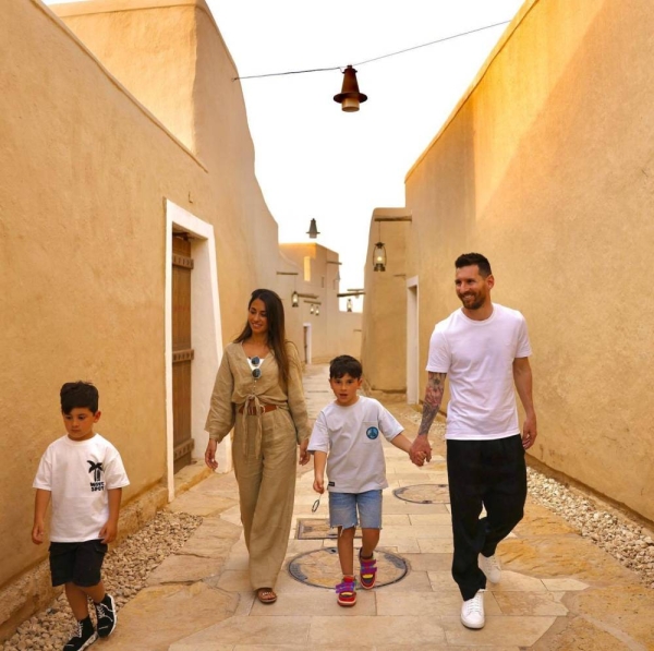 In a picture, posted by Messi, the Barcelona icon, along with his wife and children, tours Al-Turaif neighborhood in the historic Diriyah. 