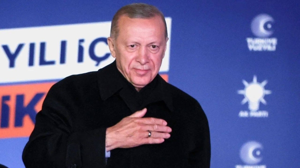 Turkish President Tayyip Erdogan speaks at the AK Party headquarters in Ankara, on May 15, 2023