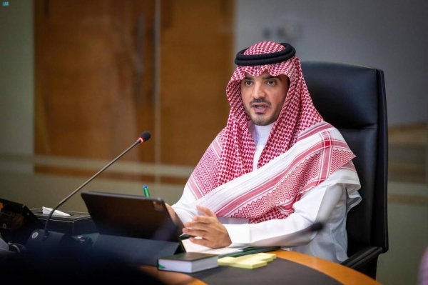 Minister of Interior Prince Abdulaziz bin Saud bin Naif addressing commanders of the security sectors participating in the security campaign to combat drugs at the ministry’s headquarters in Riyadh.